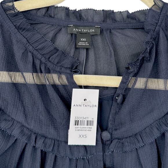 Ann Taylor Semi Sheer Long Sleeve Button-Up Ruffles Ruched Womens Blouse XXS - Picture 4 of 7
